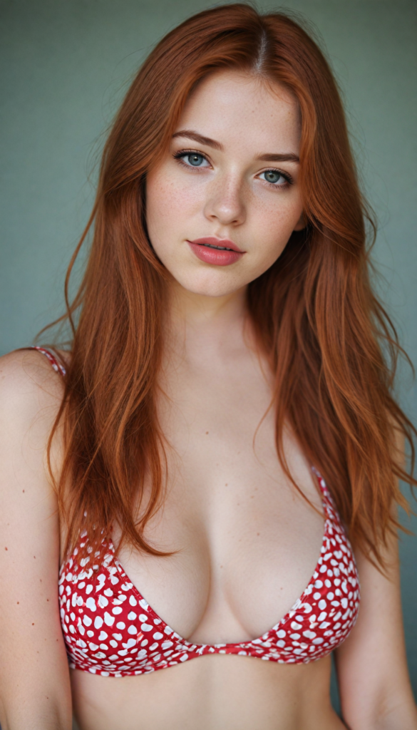 a (beautifully realistic cute busty teen girl), with long, flowing, voluminous, red straight hair, flawless (porcelain skin), a small flawless nose, and rosy red lips, dressed in a (plain very short tight revealing translucent bikini), posing confidently