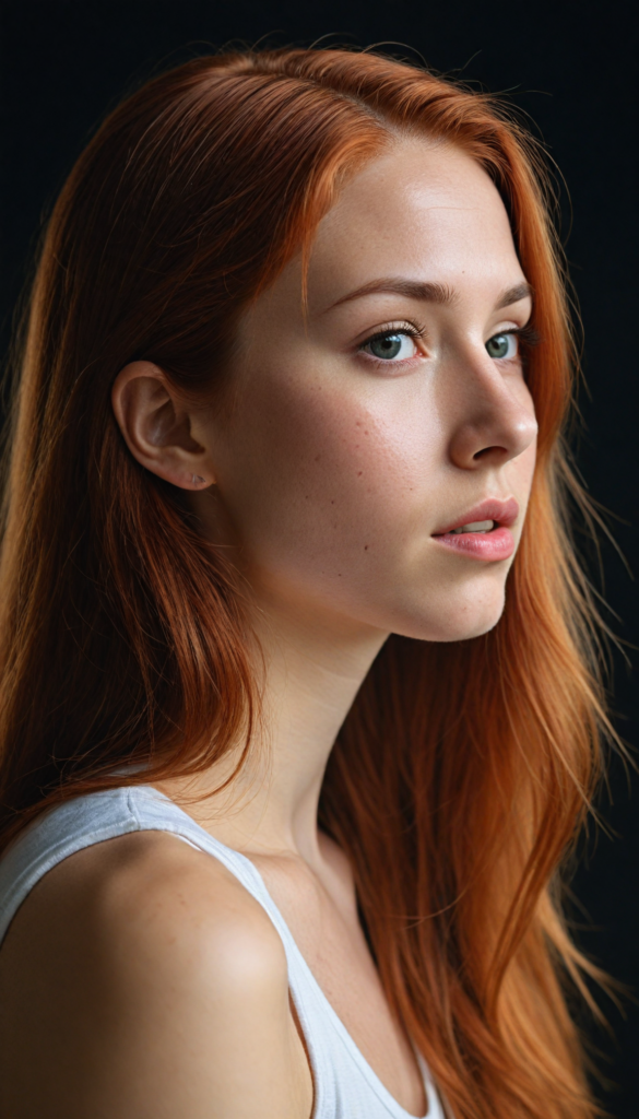 realistic and detailed portrait of a young, pretty girl with long straight jet red soft hair, black background, weak light illuminates the girl a little, side view, wears a thin cropped white tank top made of fine wool, perfect body