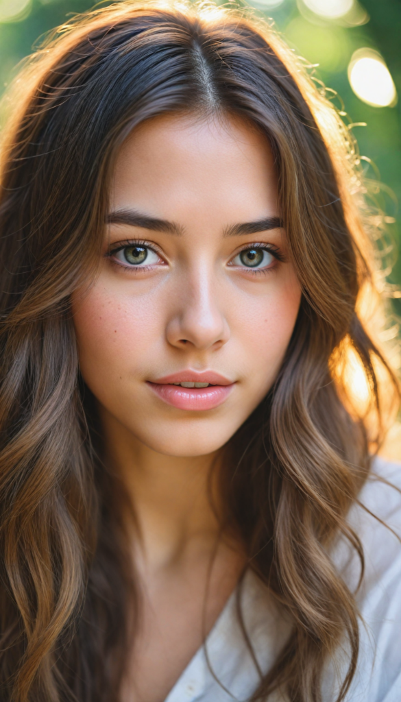 a captivating portrait of a young girl with long, flowing hair that shimmers like silk, cascading over her shoulders. Her round face radiates warmth, framed by delicate strands of hair, while her enchanting, expressive eyes sparkle with curiosity and wonder. Full, rosy lips curve into a gentle smile, inviting connection. The background blurs into a dreamy bokeh of pastel colors, reminiscent of Impressionist paintings, evoking a sense of whimsy and innocence. Sunlight filters softly through, casting a golden glow and enhancing the ethereal quality of this moment.