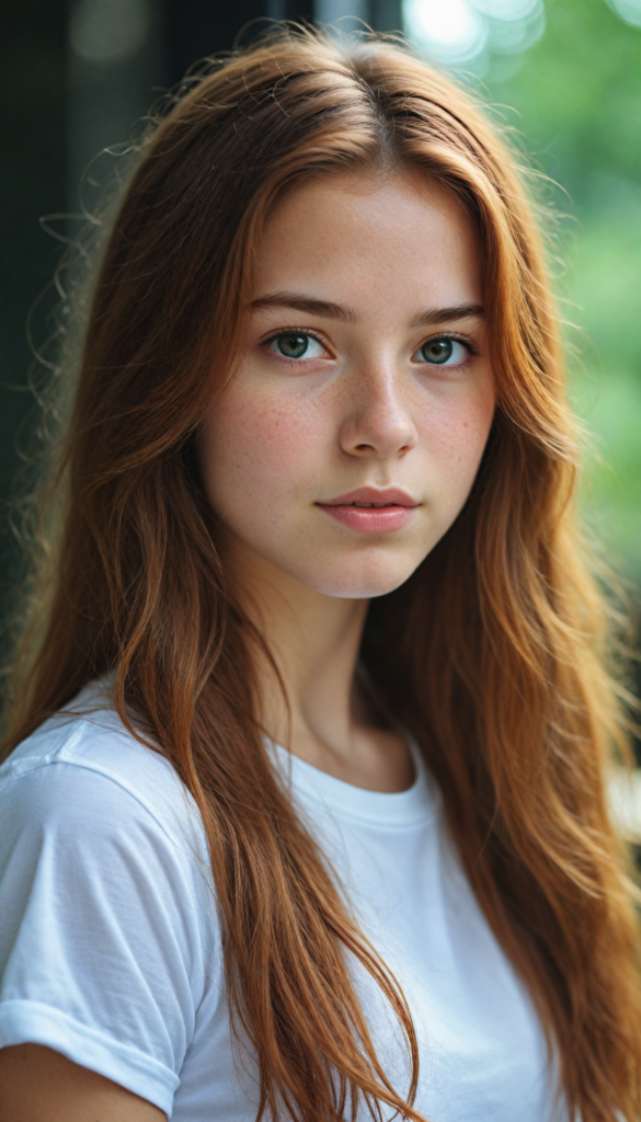 a stunning young detailed girl, soft long auburn hair, perfect portrait, white t-shirt