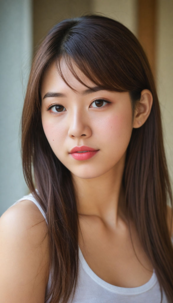 a (beautifully realistic cute Japanese teen girl), with long, flowing, voluminous, light brown soft hair, flawless (porcelain skin), a small flawless nose, and rosy red lips, dressed in a (plain very short tight revealing translucent tank top), posing confidently, Chinese