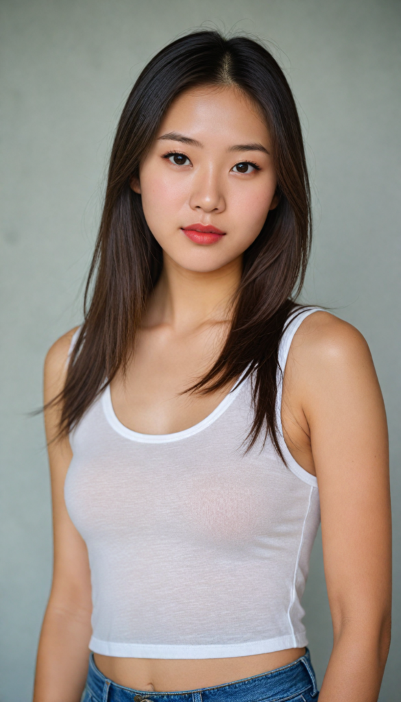 a (beautifully realistic cute Chinese teen girl), with long, flowing, voluminous, light brown soft hair, flawless (porcelain skin), a small flawless nose, and rosy red lips, dressed in a (plain very short tight revealing translucent tank top), posing confidently, Mongolian