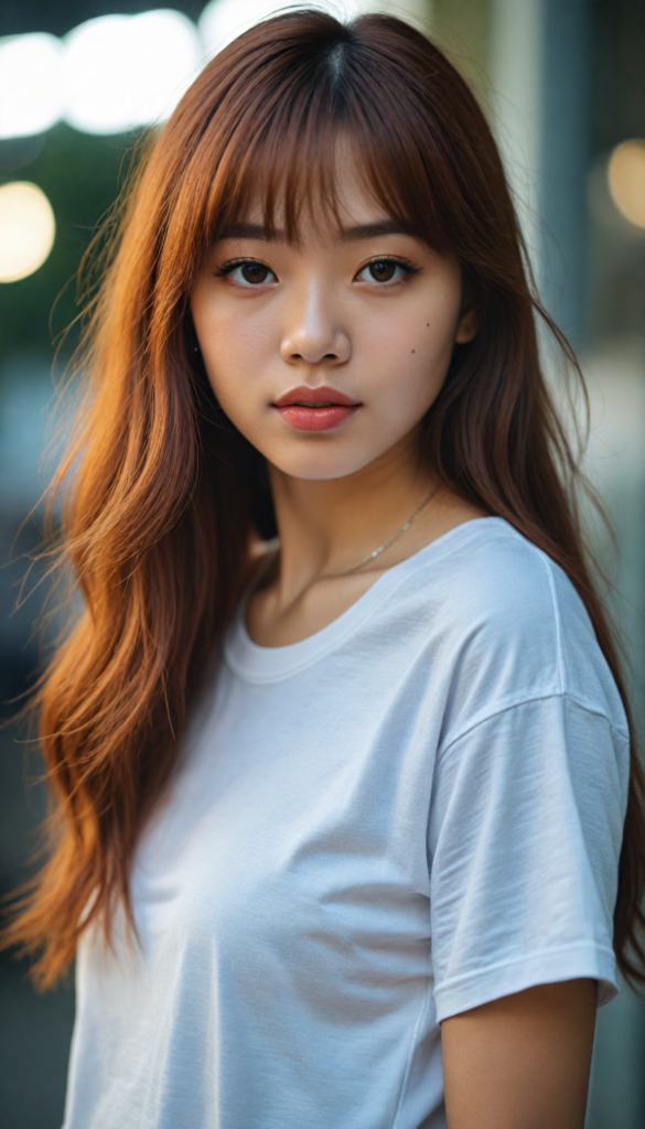 a (very beautiful Asian teenage girl), with long, flowing, voluminous (detailed soft red amber hair), styled in a sleek, shiny, straight bangs haircut with sharp, defined (full red lips), emitting an ethereal glow that complements her otherwise natural features, dressed in a (t-shirt), perfect curved fit body, round realistic face, round shiny amber eyes