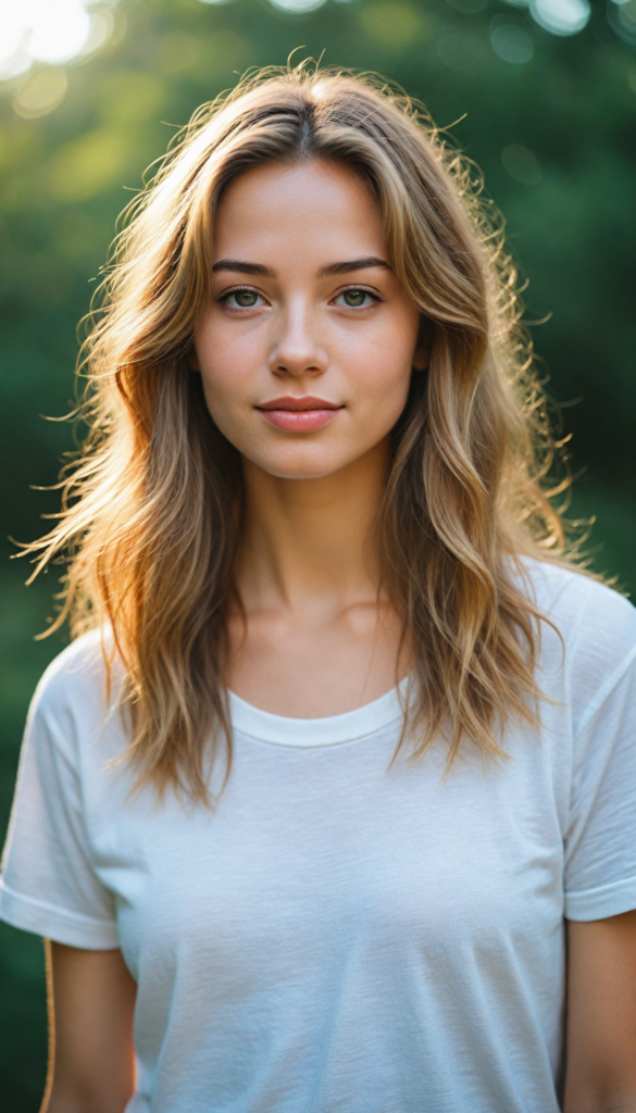 A stunning young girl with soft, long gold hair, captured in a perfect portrait style. She wears a simple white t-shirt that contrasts beautifully with her radiant features. The background is a dreamy, blurred landscape bathed in soft pastel colors, reminiscent of an impressionist painting. The lighting is warm and ethereal, highlighting her expressive eyes and gentle smile, evoking a sense of serenity and grace.