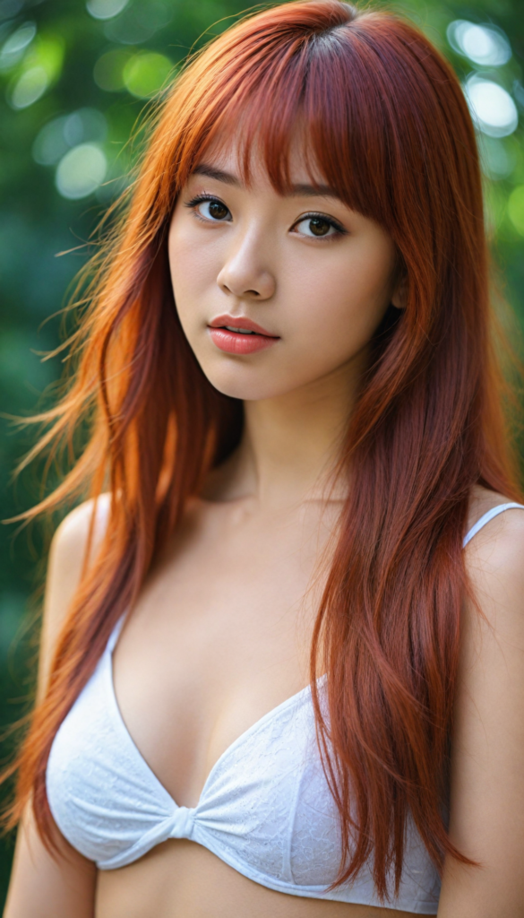 a (very beautiful Asian teenage girl), with long, flowing, voluminous (detailed soft red amber hair), styled in a sleek, shiny, straight bangs haircut with sharp, defined (full red lips), emitting an ethereal glow that complements her otherwise natural features, dressed in a (t-shirt), perfect curved fit body, round realistic face, round shiny amber eyes