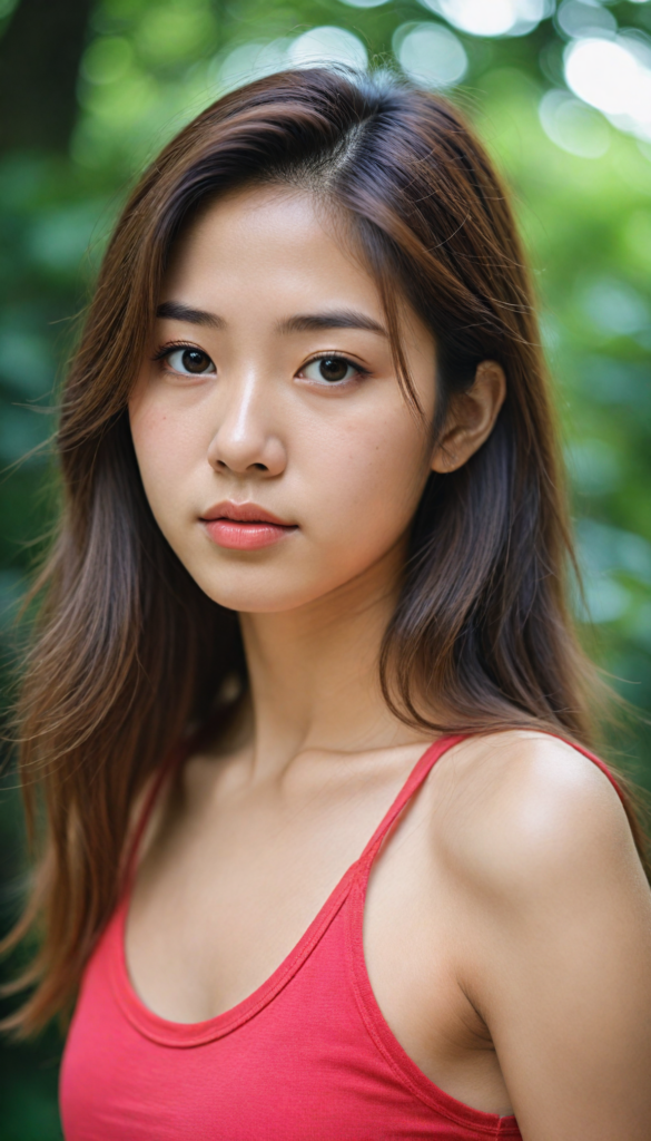 a (beautifully realistic cute Japanese teen girl, she looks seductive), with long, flowing, voluminous, light brown soft hair, flawless (porcelain skin), a small flawless nose, and rosy red lips, dressed in a (plain very short tight revealing translucent tank top), posing confidently, Korean