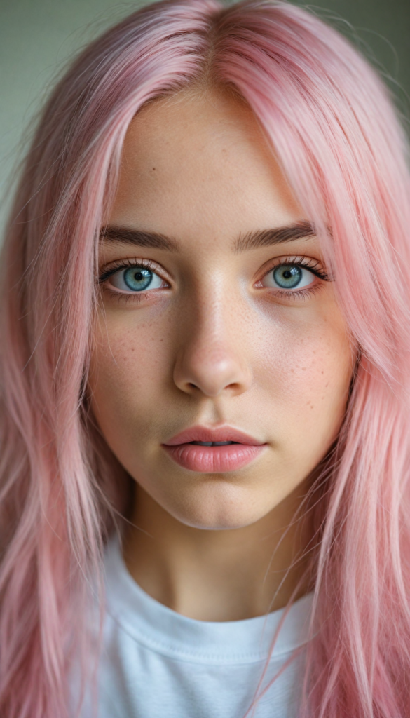 a stunning young detailed girl, beautiful eyes, full lips, soft long light pink hair, perfect portrait, white t-shirt