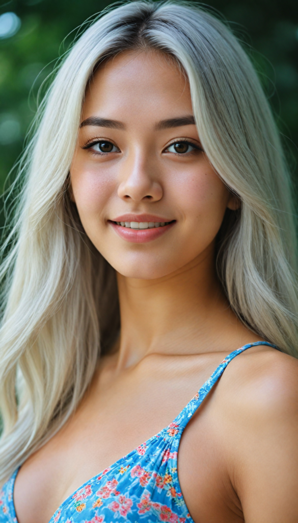 an Asia teen girl, (realistic detailed, shiny, straight platinum hair), realistic face, perfect curved body, lightly dressed in a bikini, beautiful saturation, ultra high resolution, deep shadow, (best quality, masterpiece), highly detailed, looking at viewer, warm smile, 4k, (portrait shot) (gorgeous) (attractive) (stunning)