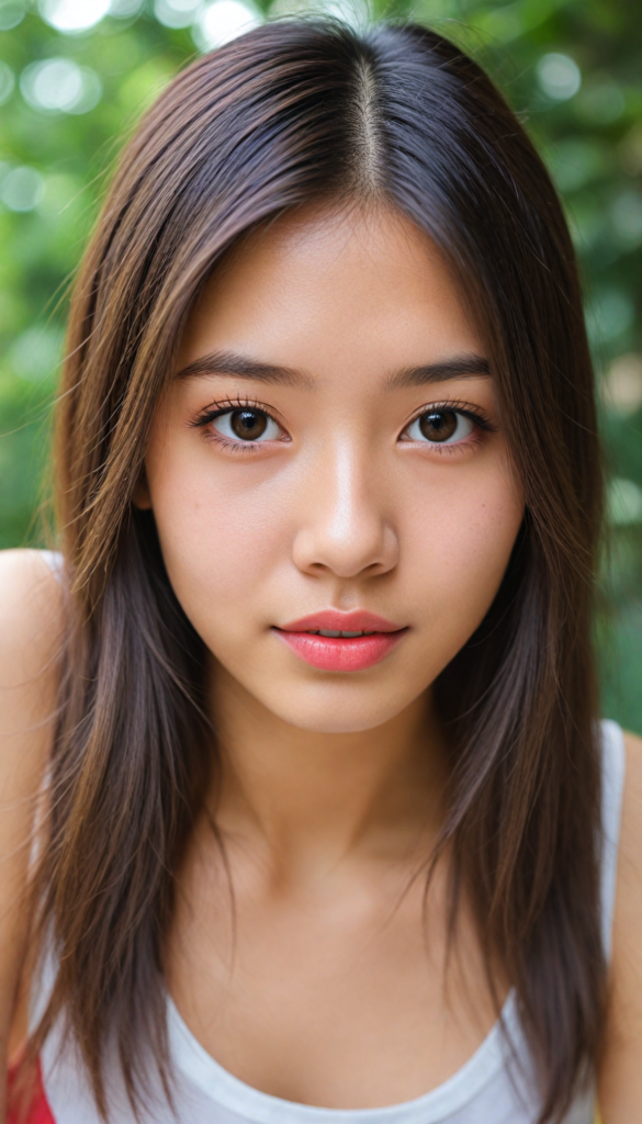 a (beautifully realistic cute Taiwanese teen girl), with long, flowing, voluminous, light brown soft hair, flawless (porcelain skin), a small flawless nose, and rosy red lips, dressed in a (plain very short tight revealing translucent tank top), posing confidently, Malaysian