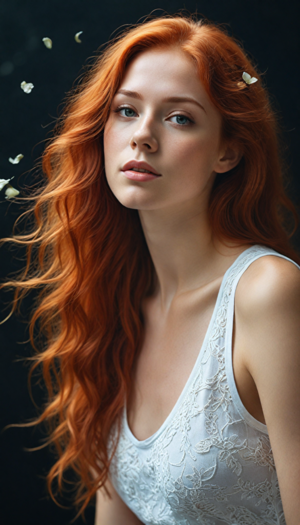 A strikingly realistic and detailed portrait of a young woman with long, flowing jet red hair that cascades softly over her shoulders, illuminated by gentle, ethereal lighting against a deep black background. Captured in a dynamic side view, she wears a delicate, cropped white tank top crafted from luxurious filigree wool, subtly accentuating her graceful form. The low light casts soft shadows that enhance her features, while whimsical elements like shimmering sparks or floating petals weave through the composition, adding an enchanting atmosphere to this serene yet captivating moment.