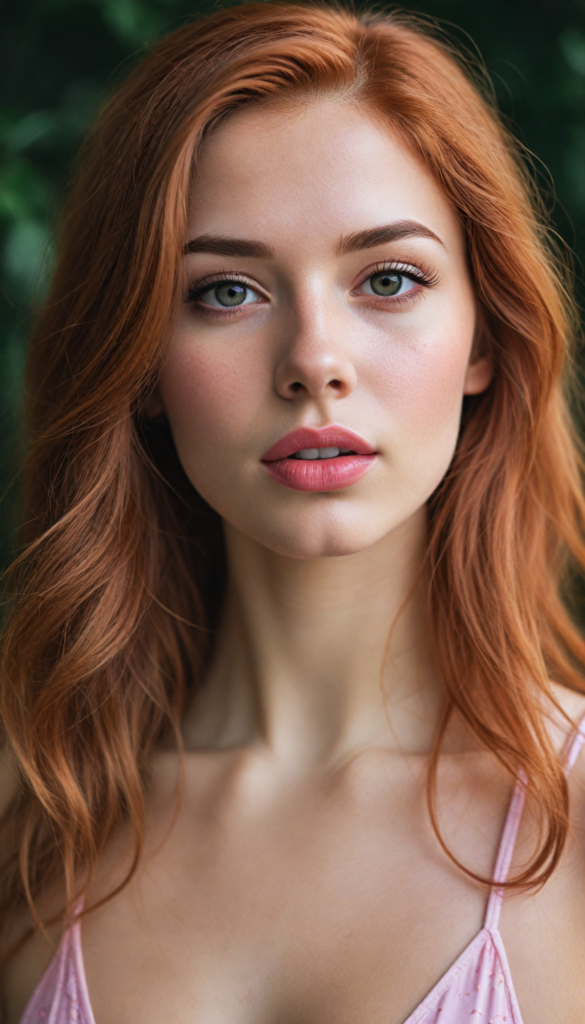 a (very beautiful teenage girl), with long, flowing, voluminous (detailed soft red amber hair), styled in a sleek, shiny, straight haircut with sharp, defined (full red lips), emitting an ethereal glow that complements her otherwise natural features, dressed in a (pink bikini, deep v-neck), perfect curved fit body, round realistic face, round shiny amber eyes, full kissable lips