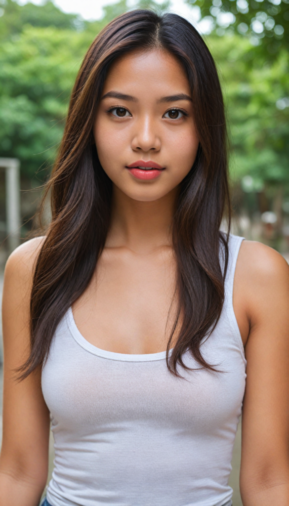 a (beautifully realistic cute Indonesian teen girl), with long, flowing, voluminous, light brown soft hair, flawless (porcelain skin), a small flawless nose, and rosy red lips, dressed in a (plain very short tight revealing translucent tank top), posing confidently, Philippines