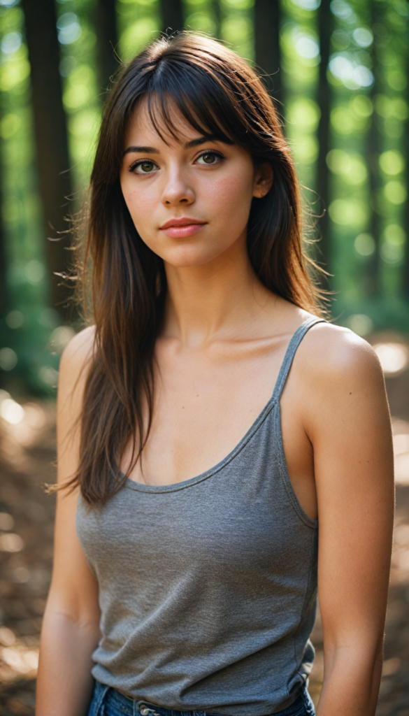 high detailed and realistic (upper body portrait) from a breathtakingly beautiful natural (girl) her cheerful nature makes you happy, with warm amber eyes and luxuriously thick (light brown detailed long smooth straight hair, bangs), full detailed natural lips, (wears a light brown form-fitting plain tank top that support her perfect body, stands in an autumnal forest)