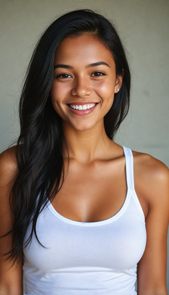 a (tanned young girl) with a joyful and sunny smile, wearing a sleek and fitted short crop white tank top that showcases her perfect curves, captured in a (flawless portrait), with black long straight smooth hair