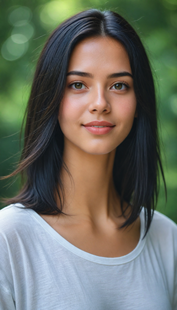 a stunning young girl with soft, long straight jet black hair, captured in a perfect portrait style. She has beautiful amber eyes, full lips and a round face. She wears a simple white t-shirt that contrasts beautifully with her radiant features. The background is a dreamy, blurred landscape bathed in soft pastel colors, reminiscent of an impressionist painting. The lighting is warm and ethereal, highlighting her expressive eyes and gentle smile, evoking a sense of serenity and grace.