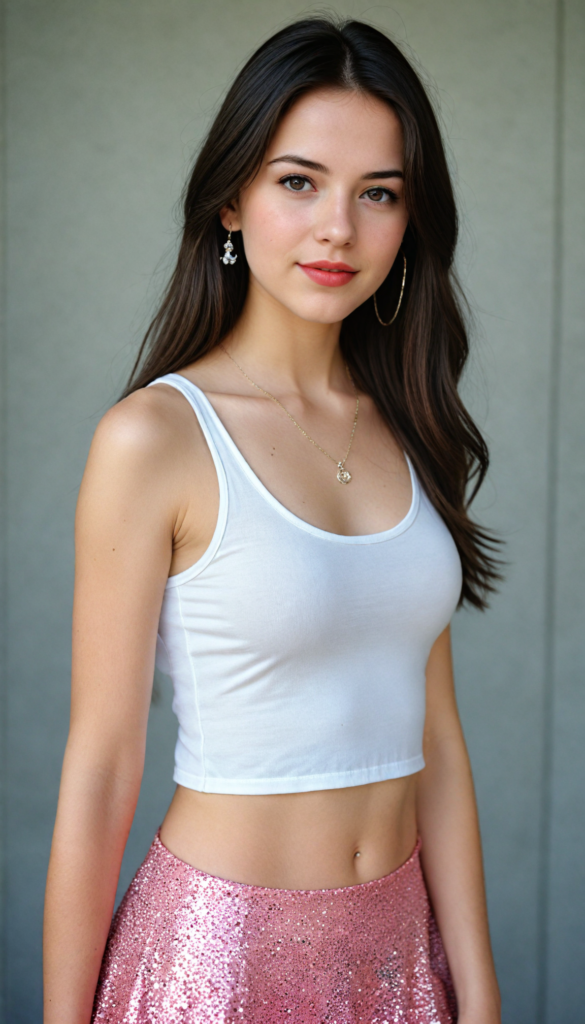 a (beautifully realistic cute model teen girl), with long, flowing, voluminous, dark brown hair featuring (straight hair), flawless (porcelain skin), a small flawless nose, and rosy red lips, dressed in a (plain very short tight revealing translucent tank top and miniskirt), complemented by a sparkling necklace and matching earrings, posing confidently