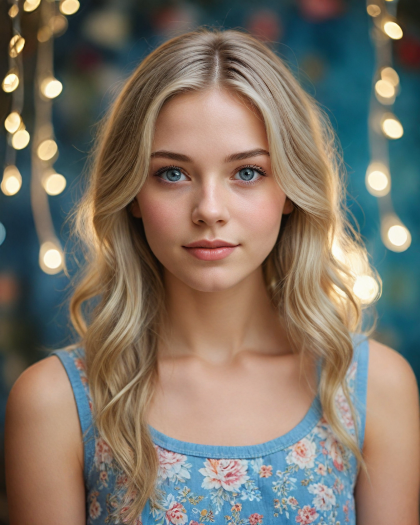 an enchanting portrait of a young girl with long, flowing, silken light blond hair that cascades gently over her shoulders, her round face illuminated by soft, ethereal lighting, sparkling light blue eyes gleaming with curiosity and warmth, full, rosy lips curved into a gentle smile as she gazes directly at the viewer. She wears a stylish, intricately patterned cropped tank top that adds a touch of bohemian flair to the composition, surrounded by a dreamy background of pastel florals and whimsical, twinkling fairy lights, evoking a sense of youthful wonder and serene beauty, captured in a hyper-realistic style reminiscent of classical portrait painting blended with modern digital artistry.