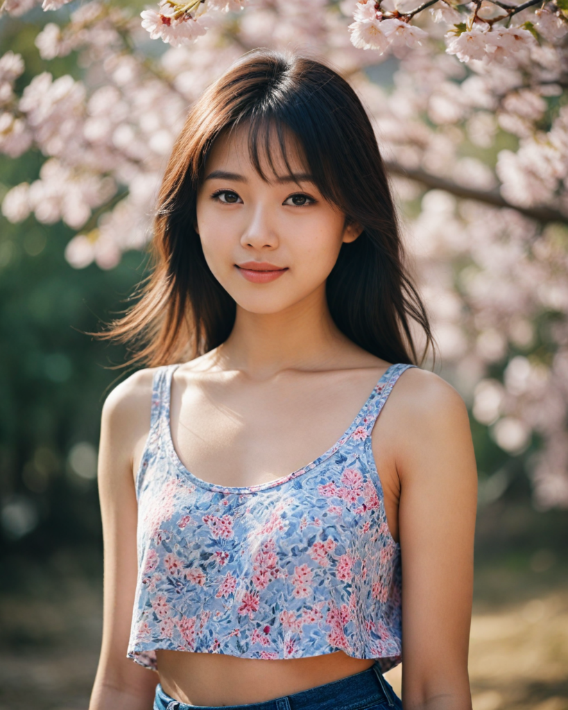 a beautifully captured upper-body portrait of a young Asian girl with long, silky dark hair cascading down her shoulders, elegantly highlighted by subtle sunlight. She has charming bangs framing her round face, which glows with youthful radiance. Her striking light amber eyes, reminiscent of shimmering honey, sparkle with curiosity as they engage the viewer directly. Her full lips are slightly curved into a gentle smile, adding warmth to the scene. She's dressed in a stylishly cropped tank top adorned with intricate floral patterns, infused with vibrant colors, set against a softly blurred, dreamy background of blooming cherry blossoms, evoking a sense of springtime wonder and innocence, reminiscent of a blend between contemporary portrait photography and soft impressionistic art.