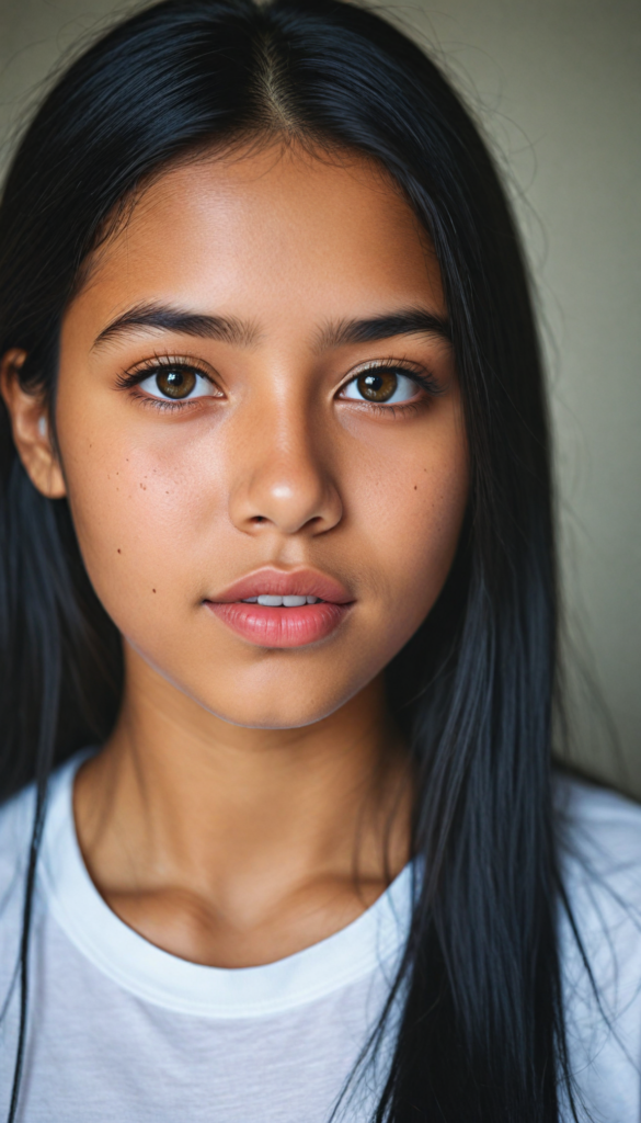 a stunning young detailed Exotic girl, beautiful eyes, full lips, soft long obsidian black straight hair, perfect portrait, white t-shirt