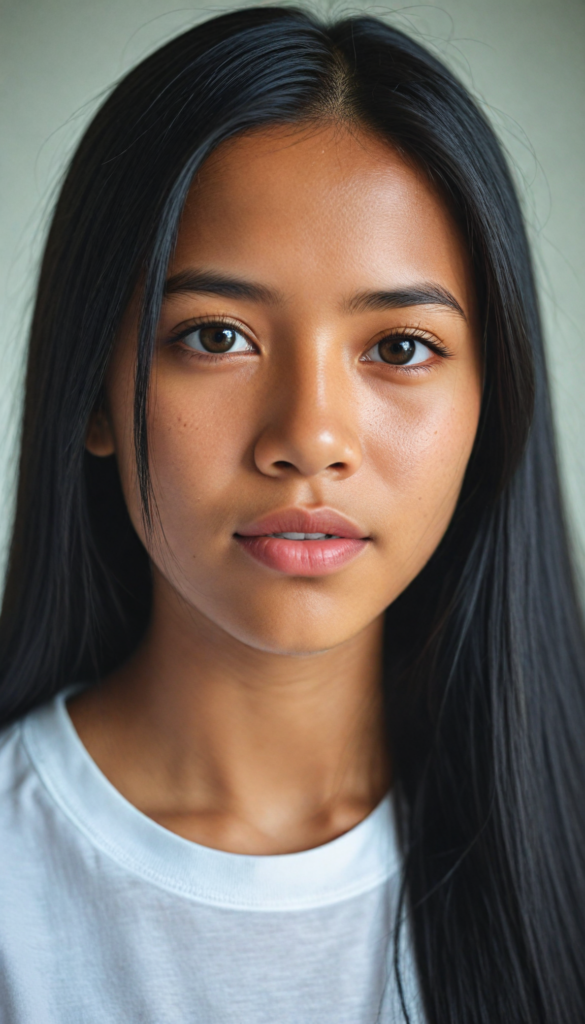 a stunning young detailed Indonesian girl, beautiful eyes, full lips, soft long obsidian straight hair, perfect portrait, white t-shirt