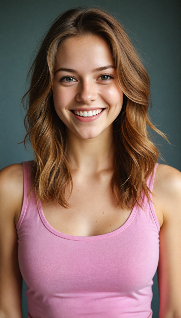 a (teen girl) with a joyful and sunny smile, wearing a sleek and fitted short crop pink tank top that showcases her perfect, curves, captured in a (flawless portrait), with long, flowing, straight hazelnut hair cascading down