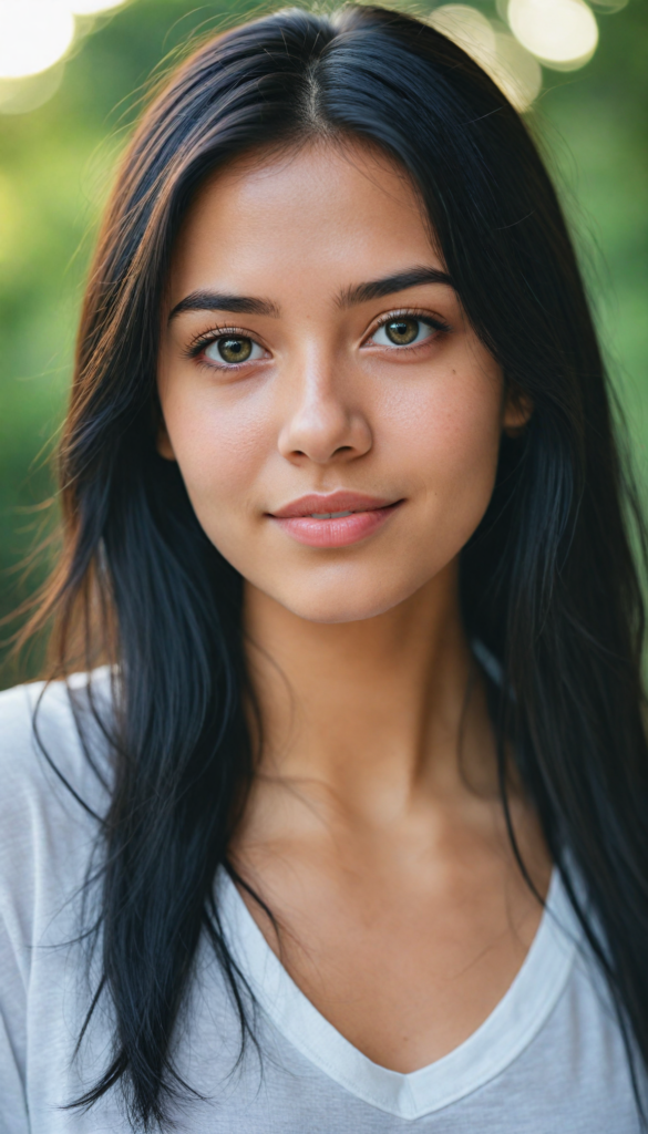 a stunning young girl with soft, long straight jet black hair, captured in a perfect portrait style. She has beautiful amber eyes, full lips and a round face. She wears a simple white t-shirt that contrasts beautifully with her radiant features. The background is a dreamy, blurred landscape bathed in soft pastel colors, reminiscent of an impressionist painting. The lighting is warm and ethereal, highlighting her expressive eyes and gentle smile, evoking a sense of serenity and grace.