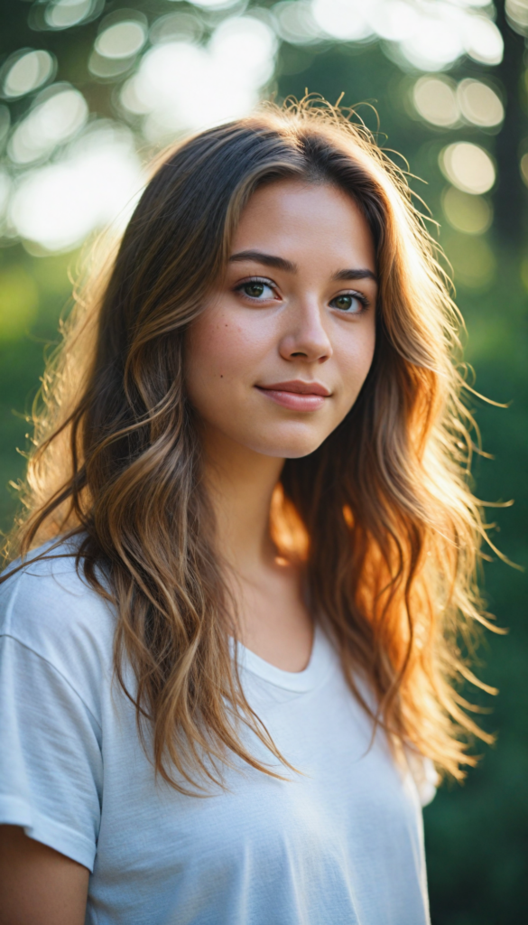 A stunning young girl with soft, long gold hair, captured in a perfect portrait style. She wears a simple white t-shirt that contrasts beautifully with her radiant features. The background is a dreamy, blurred landscape bathed in soft pastel colors, reminiscent of an impressionist painting. The lighting is warm and ethereal, highlighting her expressive eyes and gentle smile, evoking a sense of serenity and grace.