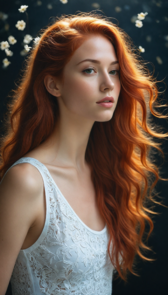 A strikingly realistic and detailed portrait of a young woman with long, flowing jet red hair that cascades softly over her shoulders, illuminated by gentle, ethereal lighting against a deep black background. Captured in a dynamic side view, she wears a delicate, cropped white tank top crafted from luxurious filigree wool, subtly accentuating her graceful form. The low light casts soft shadows that enhance her features, while whimsical elements like shimmering sparks or floating petals weave through the composition, adding an enchanting atmosphere to this serene yet captivating moment.