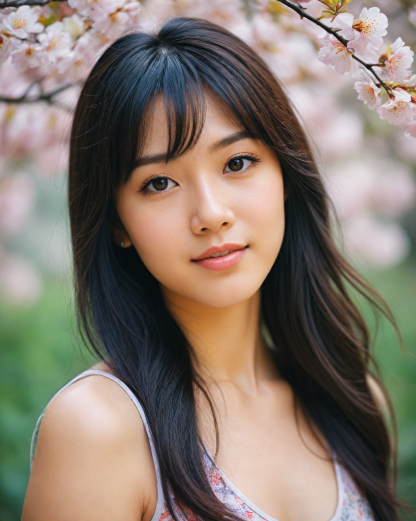 a beautifully captured upper-body portrait of a young Asian girl with long, silky dark hair cascading down her shoulders, elegantly highlighted by subtle sunlight. She has charming bangs framing her round face, which glows with youthful radiance. Her striking light amber eyes, reminiscent of shimmering honey, sparkle with curiosity as they engage the viewer directly. Her full lips are slightly curved into a gentle smile, adding warmth to the scene. She's dressed in a stylishly cropped tank top adorned with intricate floral patterns, infused with vibrant colors, set against a softly blurred, dreamy background of blooming cherry blossoms, evoking a sense of springtime wonder and innocence, reminiscent of a blend between contemporary portrait photography and soft impressionistic art.