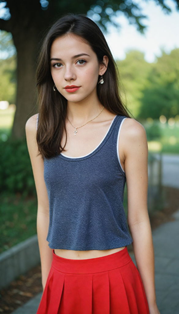 a (beautifully realistic cute model teen girl), with long, flowing, voluminous, dark brown hair featuring (straight hair), flawless (porcelain skin), a small flawless nose, and rosy red lips, dressed in a (plain very short tight revealing translucent tank top and miniskirt), complemented by a sparkling necklace and matching earrings, posing confidently