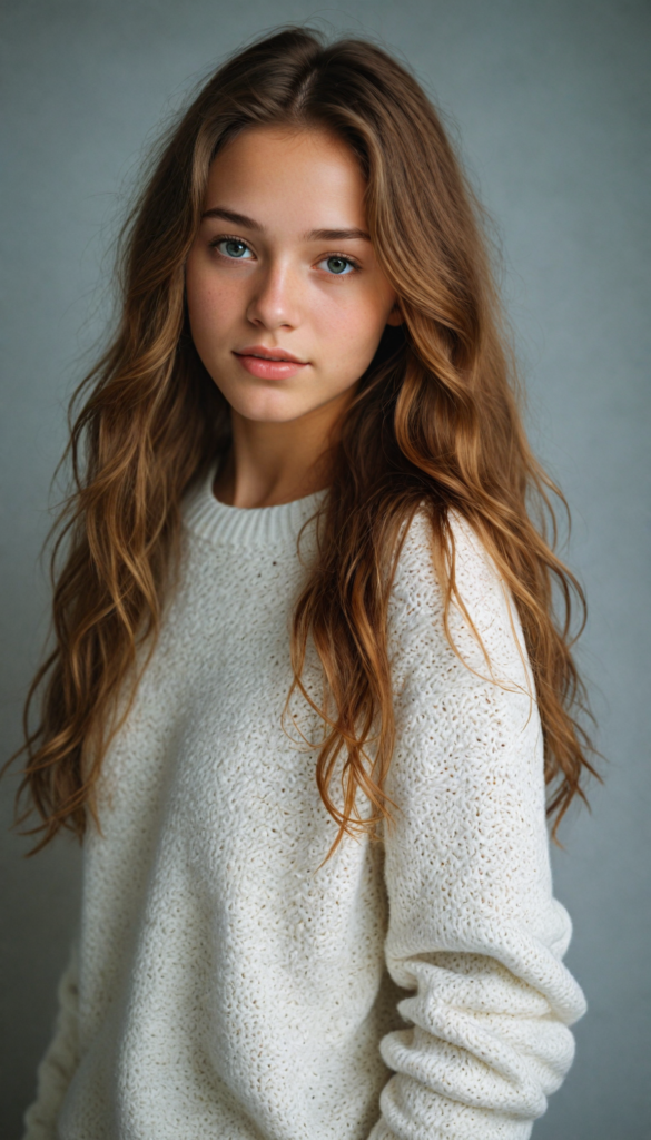 a stunning young girl, soft long wavy light brown hair, she wears a white wool sweater that support her perfect curved body, perfect portrait