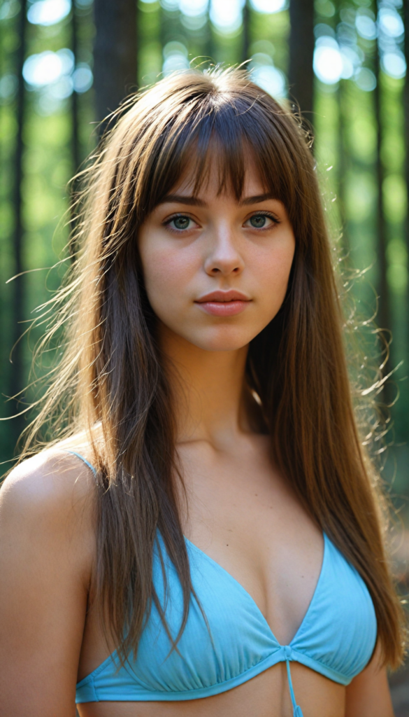 high detailed and realistic upper body portrait from a breathtakingly beautiful natural (18-year-old girl) with warm amber eyes and luxuriously thick (light brown detailed long smooth straight hair, bangs), full lips, (wears a light blue bikini that support her perfect body, stands in an autumnal forest)