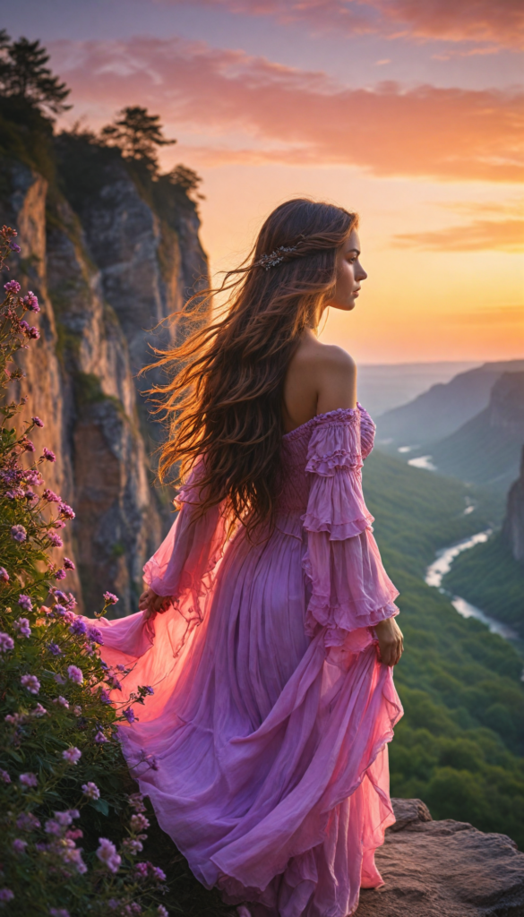 a breathtaking scene featuring a gorgeous girl with cascading, flowing hair that glistens in the sunlight. She stands on the edge of a cliff overlooking a vibrant sunset, with hues of orange, pink, and purple blending in the sky. The wind gently tousles her hair, creating an ethereal aura around her. Surrounding her are wildflowers in full bloom, adding pops of color to the landscape, and a distant waterfall cascading down rocks, reflecting the evening light. The art style combines elements of Romanticism with a touch of Impressionism, capturing both the beauty of nature and the serene elegance of the girl.