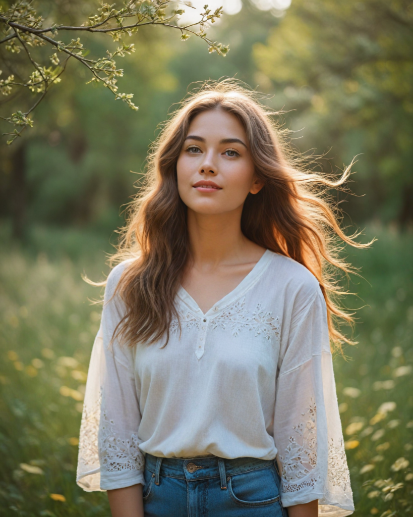 a whimsical scene showcasing an ethereal girl with flowing iridescent hair that seems to dance in the breeze, dressed in a billowing oversized white t-shirt adorned with delicate floral patterns. The setting features a vibrant sunlit meadow filled with wildflowers in various hues, and a backdrop of softly swaying trees. Her enchanting eyes sparkle with creativity and curiosity, while her detailed facial features radiate warmth and joy, all captured in a dreamy impressionist style reminiscent of Claude Monet's lush palettes and soft brushstrokes.