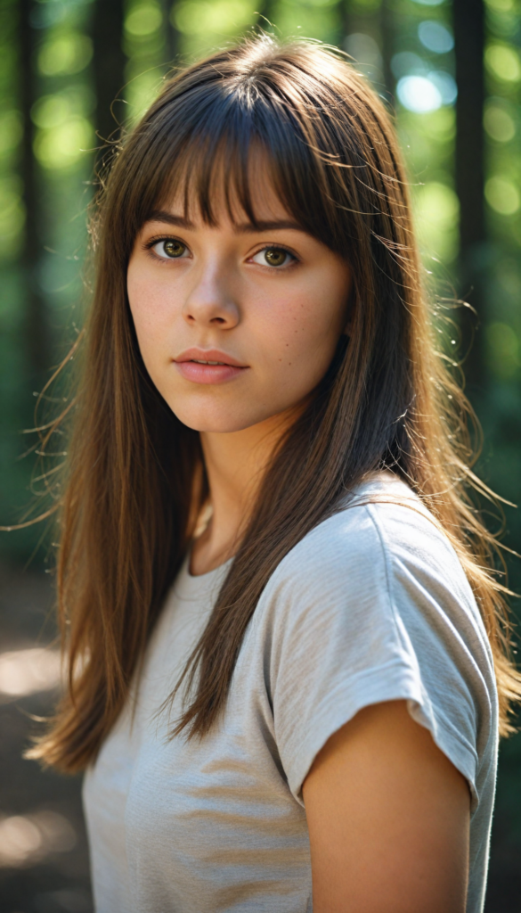 high detailed and realistic upper body portrait from a breathtakingly beautiful natural (18-year-old girl) with warm amber eyes and luxuriously thick (light brown detailed long smooth straight hair, bangs), full lips, (wears a light brown form-fitting plain t-shirt that support her perfect body, stands in an autumnal forest)