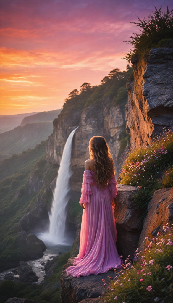 a breathtaking scene featuring a gorgeous girl with cascading, flowing hair that glistens in the sunlight. She stands on the edge of a cliff overlooking a vibrant sunset, with hues of orange, pink, and purple blending in the sky. The wind gently tousles her hair, creating an ethereal aura around her. Surrounding her are wildflowers in full bloom, adding pops of color to the landscape, and a distant waterfall cascading down rocks, reflecting the evening light. The art style combines elements of Romanticism with a touch of Impressionism, capturing both the beauty of nature and the serene elegance of the girl.