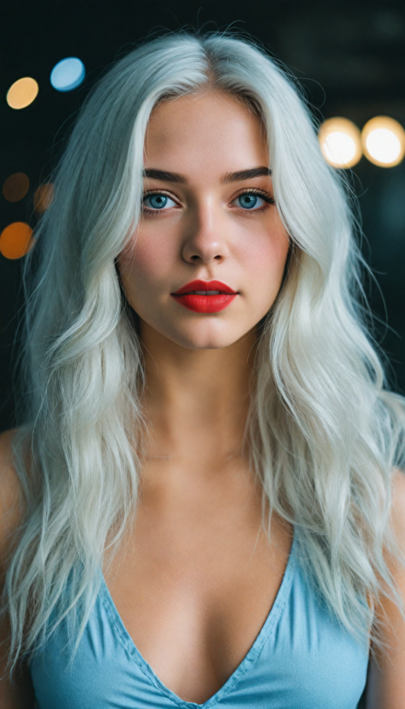 a (very beautiful teenage girl), with long, flowing, voluminous (detailed soft white hair), styled in a sleek, shiny, straight haircut with sharp, defined (full red lips), emitting an ethereal glow that complements her otherwise natural features, dressed in a (bikini, deep v-neck), perfect curved fit body, round realistic face, round shiny light blue eyes