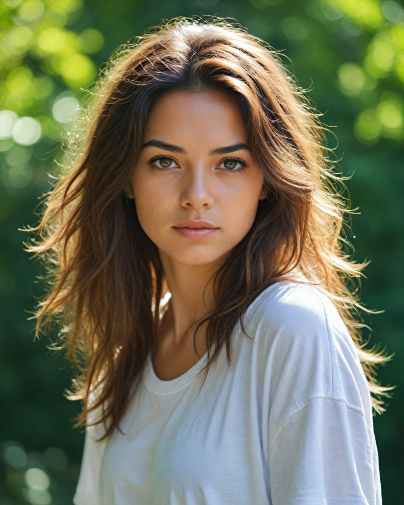 a breathtaking scene featuring a gorgeous and stunning girl with cascading hair, long white t-shirt, sunny green backdrop, detailed face, hair and eyes