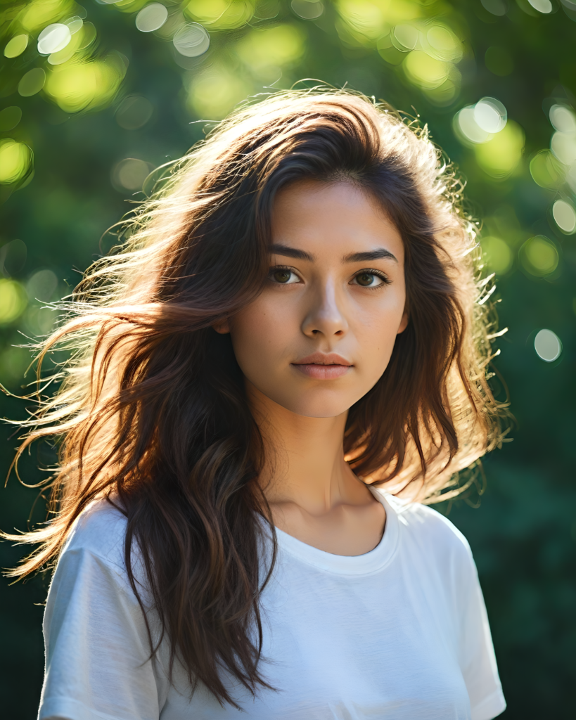 a breathtaking scene featuring a gorgeous and stunning girl with cascading hair, long white t-shirt, sunny green backdrop, detailed face, hair and eyes