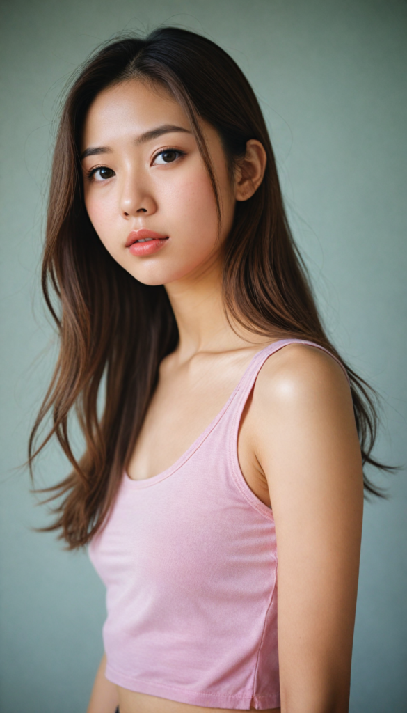 a (beautifully realistic cute Japanese teen girl, she looks seductive), with long, flowing, voluminous, light brown soft hair, flawless (porcelain skin), a small flawless nose, and rosy red lips, dressed in a (plain very short tight revealing translucent tank top), posing confidently, Korean