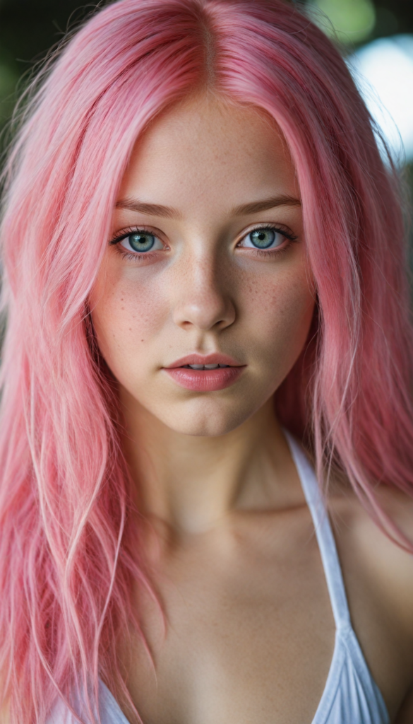 a upper-body portrait from a cute young girl with long, straight pink hair, super detailed face, detailed eyes, full lips, white bikini