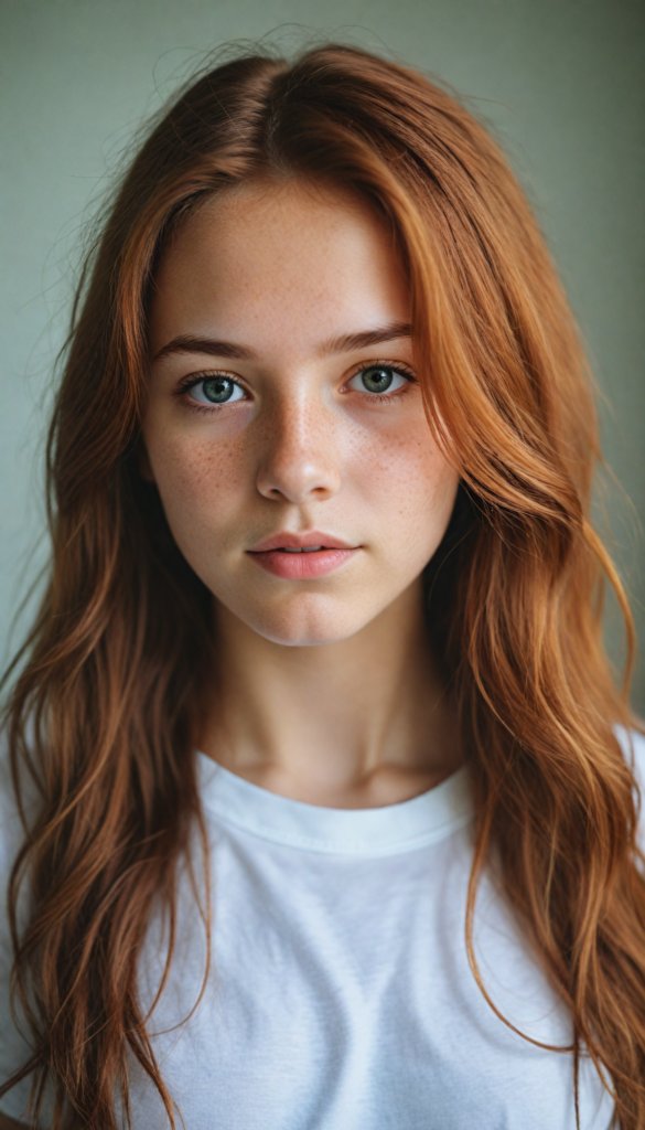 a stunning young detailed girl, soft long auburn hair, perfect portrait, white t-shirt