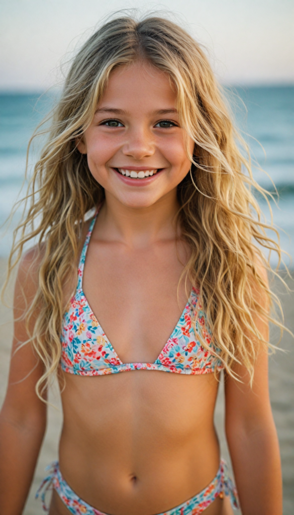 a young girl in a bikini, smile, beach in the backdrop, long straight (summer blond) wavy hair