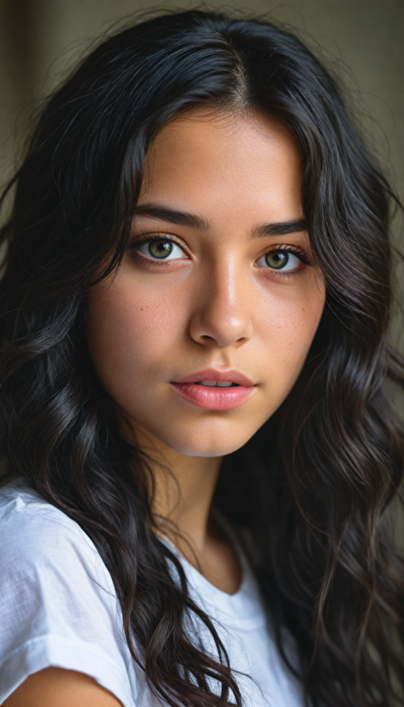 a stunning young detailed girl, beautiful eyes, full lips, soft long obsidian black wavy hair, perfect portrait, white t-shirt