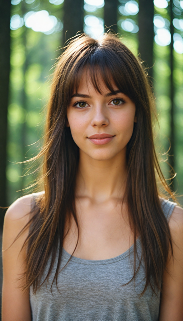 high detailed and realistic (upper body portrait) from a breathtakingly beautiful natural (girl) her cheerful nature makes you happy, with warm amber eyes and luxuriously thick (light brown detailed long smooth straight hair, bangs), full detailed natural lips, (wears a light brown form-fitting plain tank top that support her perfect body, stands in an autumnal forest)