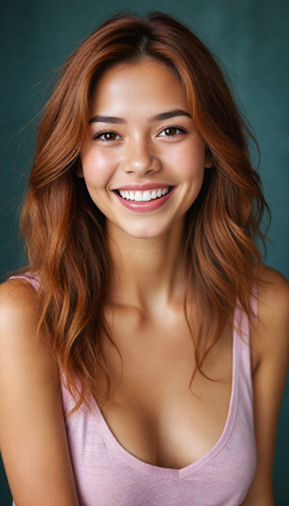 a (very beautiful teenage girl), with long, flowing, voluminous (detailed soft red amber hair), styled in a sleek, shiny, straight haircut with sharp, defined (full red lips), emitting an ethereal glow that complements her otherwise natural features, dressed in a (pink short thin plain and cropped tank top made of fine wool, deep v-neck), perfect curved fit body, she radiates pure joy, smile, perfect white teeth, round realistic face, round shiny amber eyes, full kissable lips, Philippines