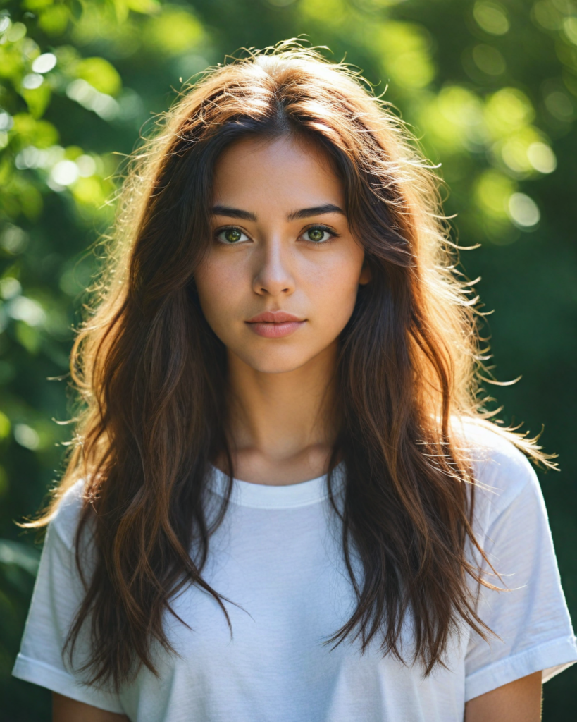 a breathtaking scene featuring a gorgeous and stunning girl with cascading hair, long white t-shirt, sunny green backdrop, detailed face, hair and eyes