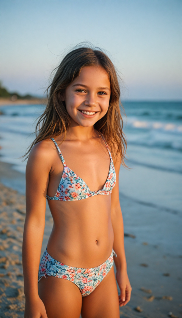 a young girl in a bikini, smile, beach in the backdrop