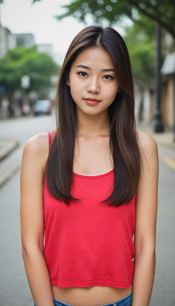 a (beautifully realistic cute Taiwanese teen girl), with long, flowing, voluminous, light brown soft hair, flawless (porcelain skin), a small flawless nose, and rosy red lips, dressed in a (plain very short tight revealing translucent tank top), posing confidently, Malaysian