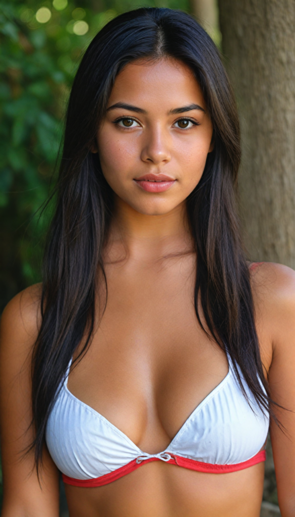 upper-body, a (beautifully realistic cute busty Indigenous teen girl), with long, jet hair, flawless (tanned skin), a small flawless nose, and rosy red lips, dressed in a (plain very short tight revealing translucent bikini), posing confidently